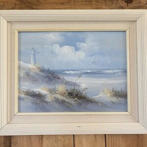 VTG Oil Painting Seaside Nautical Ocean Lighthouse Beach Seagulls 17X21 R Taylon